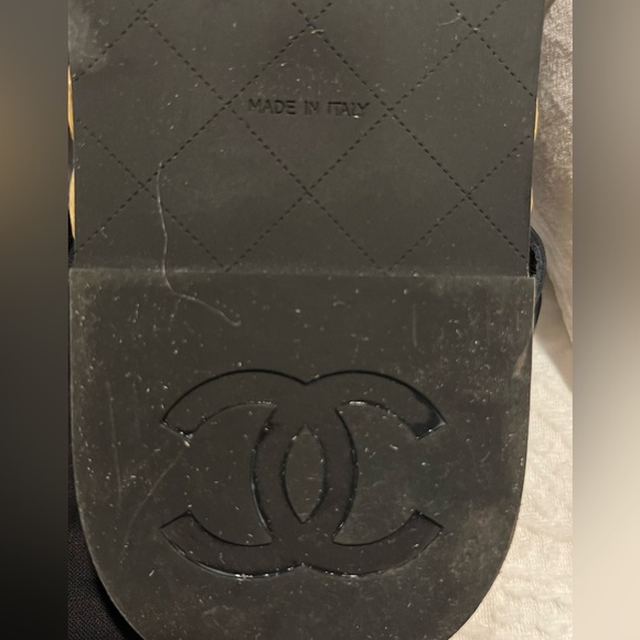 LOGO CHANEL Dad Sandals 22P Black Raffia Mesh Leather Shoes CC Logo Flats Size39 - Picture 13 of 16